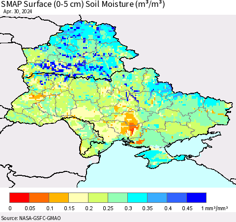 Ukraine, Moldova and Belarus SMAP Surface (0-5 cm) Soil Moisture (m³/m³) Thematic Map For 4/26/2024 - 4/30/2024