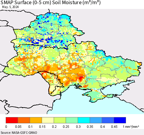 Ukraine, Moldova and Belarus SMAP Surface (0-5 cm) Soil Moisture (m³/m³) Thematic Map For 5/1/2024 - 5/5/2024