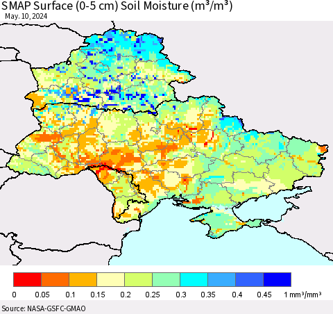 Ukraine, Moldova and Belarus SMAP Surface (0-5 cm) Soil Moisture (m³/m³) Thematic Map For 5/6/2024 - 5/10/2024