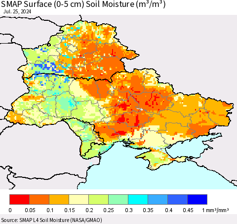 Ukraine, Moldova and Belarus SMAP Surface (0-5 cm) Soil Moisture (m³/m³) Thematic Map For 7/21/2024 - 7/25/2024