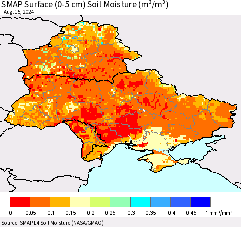 Ukraine, Moldova and Belarus SMAP Surface (0-5 cm) Soil Moisture (m³/m³) Thematic Map For 8/11/2024 - 8/15/2024