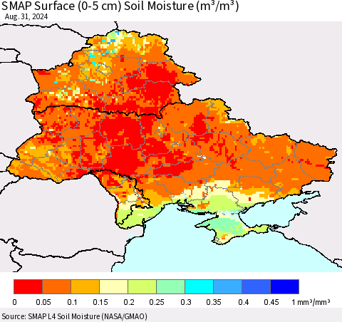 Ukraine, Moldova and Belarus SMAP Surface (0-5 cm) Soil Moisture (m³/m³) Thematic Map For 8/26/2024 - 8/31/2024