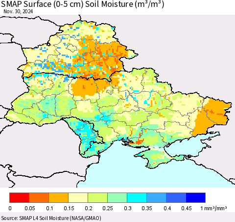 Ukraine, Moldova and Belarus SMAP Surface (0-5 cm) Soil Moisture (m³/m³) Thematic Map For 11/26/2024 - 11/30/2024
