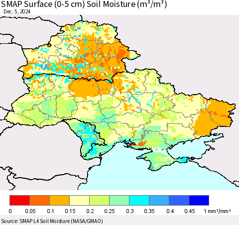 Ukraine, Moldova and Belarus SMAP Surface (0-5 cm) Soil Moisture (m³/m³) Thematic Map For 12/1/2024 - 12/5/2024