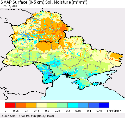 Ukraine, Moldova and Belarus SMAP Surface (0-5 cm) Soil Moisture (m³/m³) Thematic Map For 12/11/2024 - 12/15/2024