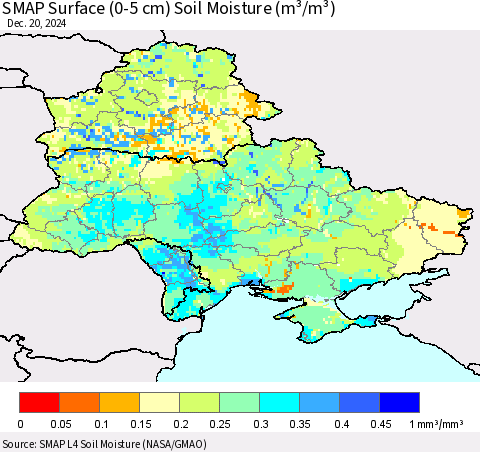 Ukraine, Moldova and Belarus SMAP Surface (0-5 cm) Soil Moisture (m³/m³) Thematic Map For 12/16/2024 - 12/20/2024