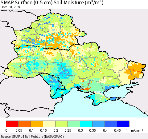 Ukraine, Moldova and Belarus SMAP Surface (0-5 cm) Soil Moisture (m³/m³) Thematic Map For 12/26/2024 - 12/31/2024