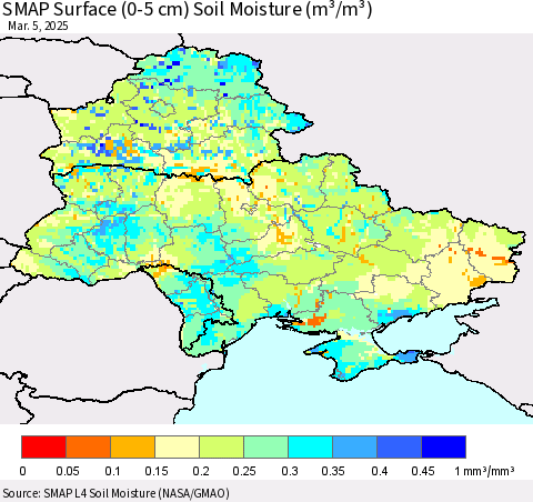 Ukraine, Moldova and Belarus SMAP Surface (0-5 cm) Soil Moisture (m³/m³) Thematic Map For 3/1/2025 - 3/5/2025