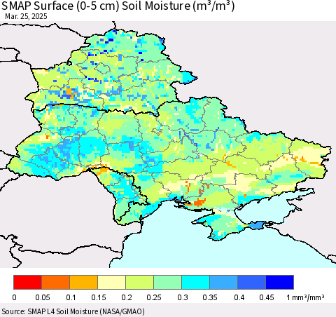 Ukraine, Moldova and Belarus SMAP Surface (0-5 cm) Soil Moisture (m³/m³) Thematic Map For 3/21/2025 - 3/25/2025