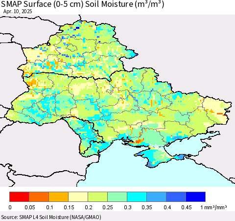 Ukraine, Moldova and Belarus SMAP Surface (0-5 cm) Soil Moisture (m³/m³) Thematic Map For 4/6/2025 - 4/10/2025