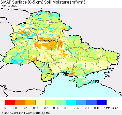 Ukraine, Moldova and Belarus SMAP Surface (0-5 cm) Soil Moisture (m³/m³) Thematic Map For 4/11/2025 - 4/15/2025