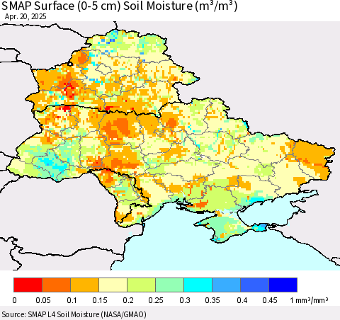Ukraine, Moldova and Belarus SMAP Surface (0-5 cm) Soil Moisture (m³/m³) Thematic Map For 4/16/2025 - 4/20/2025