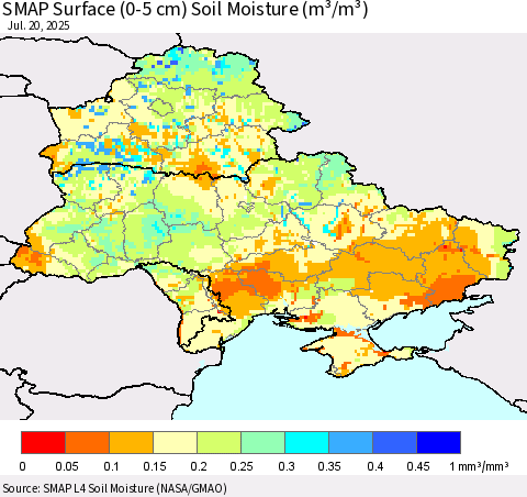 Ukraine, Moldova and Belarus SMAP Surface (0-5 cm) Soil Moisture (m³/m³) Thematic Map For 7/16/2025 - 7/20/2025