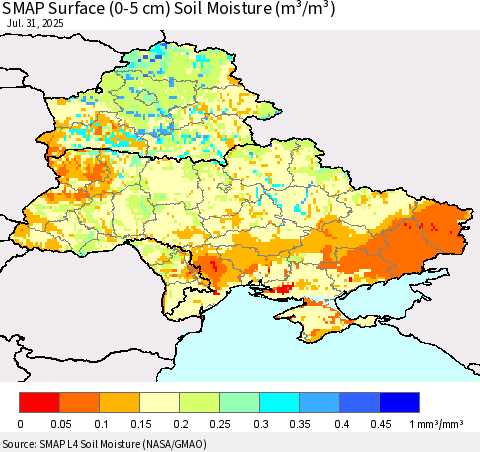 Ukraine, Moldova and Belarus SMAP Surface (0-5 cm) Soil Moisture (m³/m³) Thematic Map For 7/26/2025 - 7/31/2025