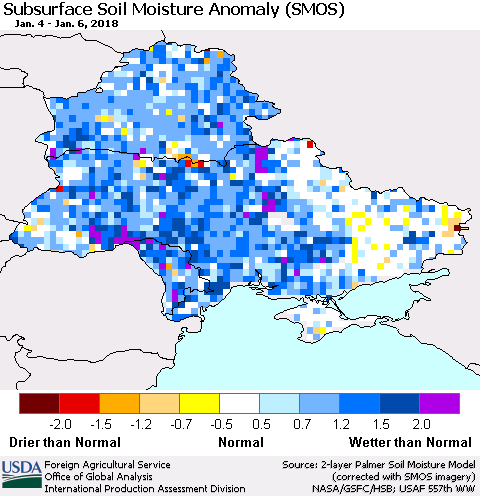 Ukraine, Moldova and Belarus Subsurface Soil Moisture Anomaly (SMOS) Thematic Map For 1/1/2018 - 1/7/2018