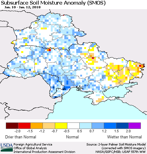 Ukraine, Moldova and Belarus Subsurface Soil Moisture Anomaly (SMOS) Thematic Map For 1/8/2018 - 1/14/2018