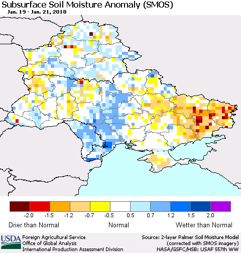 Ukraine, Moldova and Belarus Subsurface Soil Moisture Anomaly (SMOS) Thematic Map For 1/15/2018 - 1/21/2018