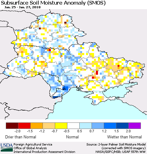 Ukraine, Moldova and Belarus Subsurface Soil Moisture Anomaly (SMOS) Thematic Map For 1/22/2018 - 1/28/2018