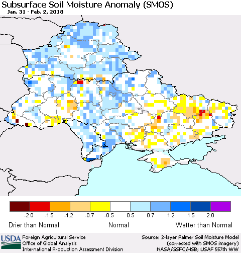 Ukraine, Moldova and Belarus Subsurface Soil Moisture Anomaly (SMOS) Thematic Map For 1/29/2018 - 2/4/2018