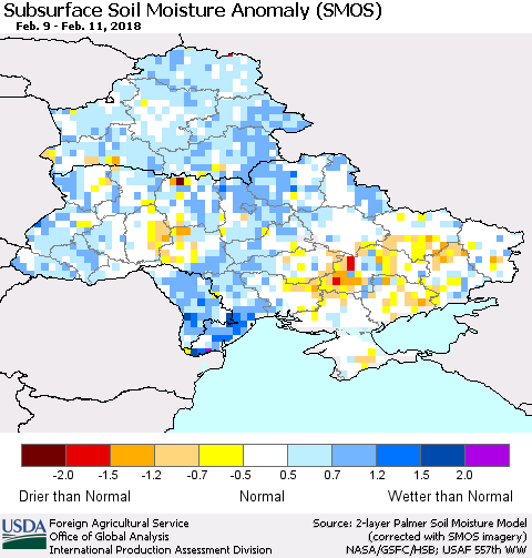 Ukraine, Moldova and Belarus Subsurface Soil Moisture Anomaly (SMOS) Thematic Map For 2/5/2018 - 2/11/2018