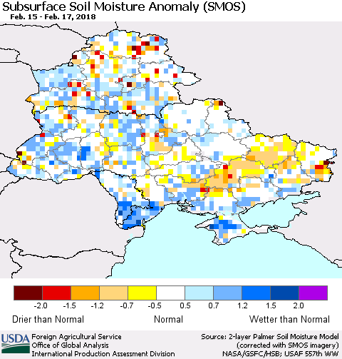 Ukraine, Moldova and Belarus Subsurface Soil Moisture Anomaly (SMOS) Thematic Map For 2/12/2018 - 2/18/2018