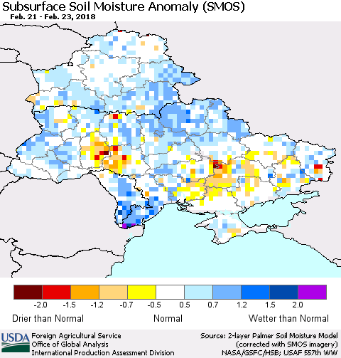 Ukraine, Moldova and Belarus Subsurface Soil Moisture Anomaly (SMOS) Thematic Map For 2/19/2018 - 2/25/2018