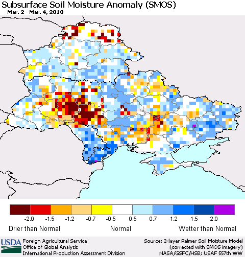 Ukraine, Moldova and Belarus Subsurface Soil Moisture Anomaly (SMOS) Thematic Map For 2/26/2018 - 3/4/2018