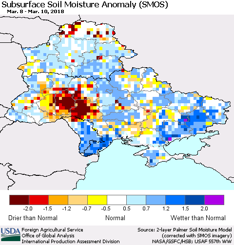 Ukraine, Moldova and Belarus Subsurface Soil Moisture Anomaly (SMOS) Thematic Map For 3/5/2018 - 3/11/2018