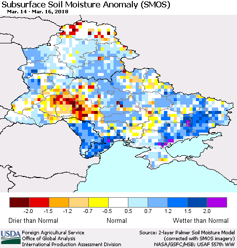 Ukraine, Moldova and Belarus Subsurface Soil Moisture Anomaly (SMOS) Thematic Map For 3/12/2018 - 3/18/2018