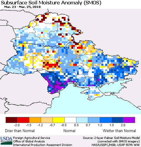 Ukraine, Moldova and Belarus Subsurface Soil Moisture Anomaly (SMOS) Thematic Map For 3/19/2018 - 3/25/2018