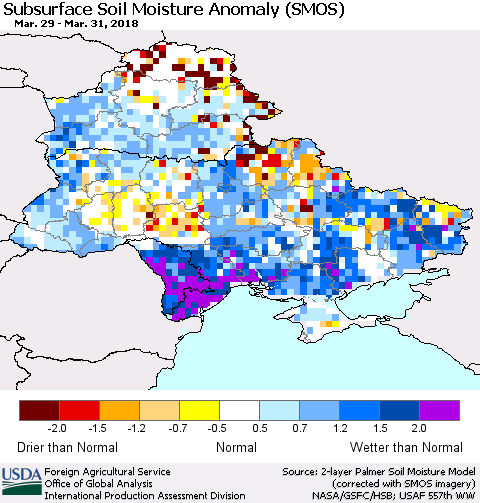 Ukraine, Moldova and Belarus Subsurface Soil Moisture Anomaly (SMOS) Thematic Map For 3/26/2018 - 4/1/2018