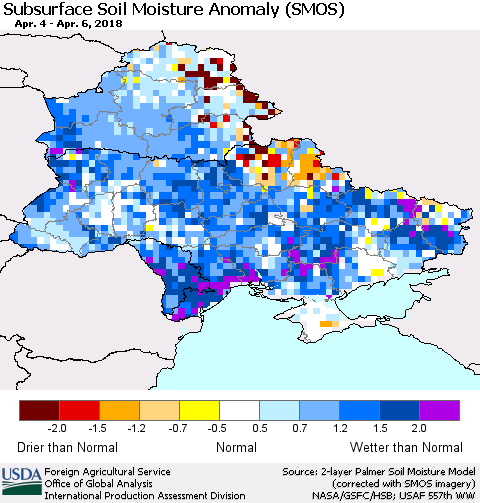 Ukraine, Moldova and Belarus Subsurface Soil Moisture Anomaly (SMOS) Thematic Map For 4/2/2018 - 4/8/2018