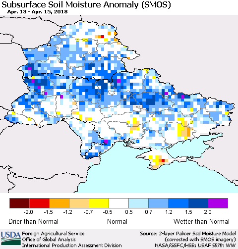 Ukraine, Moldova and Belarus Subsurface Soil Moisture Anomaly (SMOS) Thematic Map For 4/9/2018 - 4/15/2018