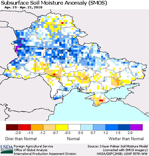 Ukraine, Moldova and Belarus Subsurface Soil Moisture Anomaly (SMOS) Thematic Map For 4/16/2018 - 4/22/2018