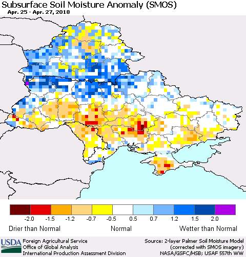 Ukraine, Moldova and Belarus Subsurface Soil Moisture Anomaly (SMOS) Thematic Map For 4/23/2018 - 4/29/2018