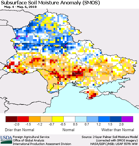 Ukraine, Moldova and Belarus Subsurface Soil Moisture Anomaly (SMOS) Thematic Map For 4/30/2018 - 5/6/2018