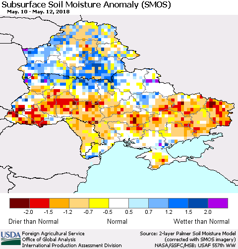 Ukraine, Moldova and Belarus Subsurface Soil Moisture Anomaly (SMOS) Thematic Map For 5/7/2018 - 5/13/2018