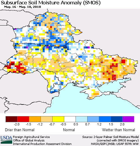 Ukraine, Moldova and Belarus Subsurface Soil Moisture Anomaly (SMOS) Thematic Map For 5/14/2018 - 5/20/2018