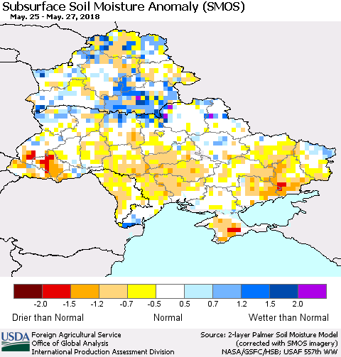 Ukraine, Moldova and Belarus Subsurface Soil Moisture Anomaly (SMOS) Thematic Map For 5/21/2018 - 5/27/2018