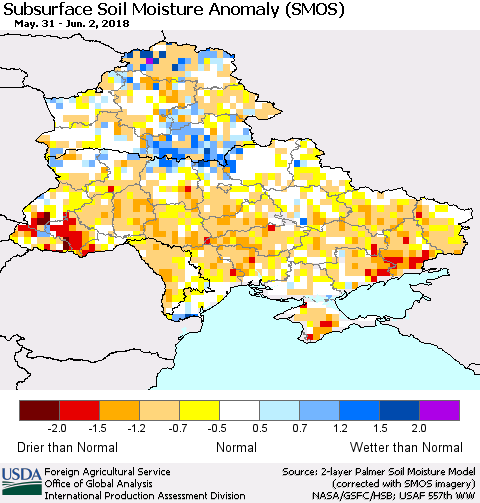 Ukraine, Moldova and Belarus Subsurface Soil Moisture Anomaly (SMOS) Thematic Map For 5/28/2018 - 6/3/2018