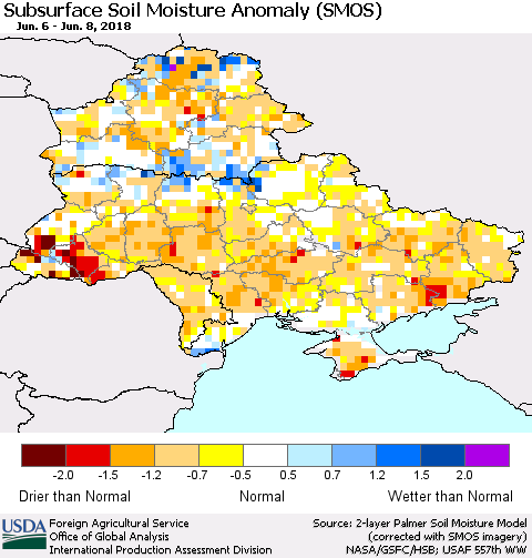Ukraine, Moldova and Belarus Subsurface Soil Moisture Anomaly (SMOS) Thematic Map For 6/4/2018 - 6/10/2018