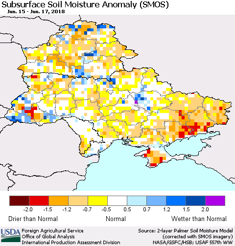 Ukraine, Moldova and Belarus Subsurface Soil Moisture Anomaly (SMOS) Thematic Map For 6/11/2018 - 6/17/2018