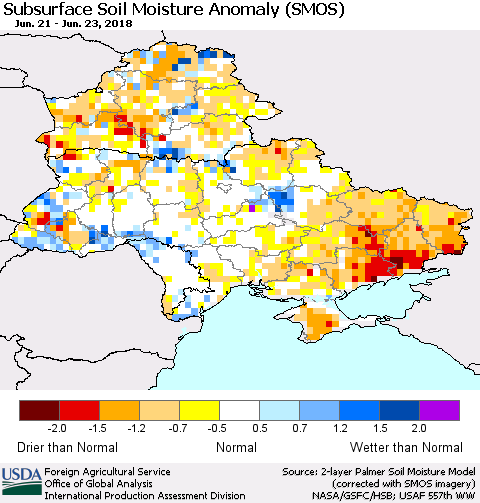 Ukraine, Moldova and Belarus Subsurface Soil Moisture Anomaly (SMOS) Thematic Map For 6/18/2018 - 6/24/2018