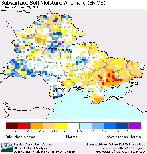 Ukraine, Moldova and Belarus Subsurface Soil Moisture Anomaly (SMOS) Thematic Map For 6/25/2018 - 7/1/2018