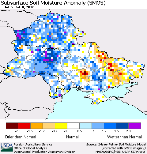 Ukraine, Moldova and Belarus Subsurface Soil Moisture Anomaly (SMOS) Thematic Map For 7/2/2018 - 7/8/2018