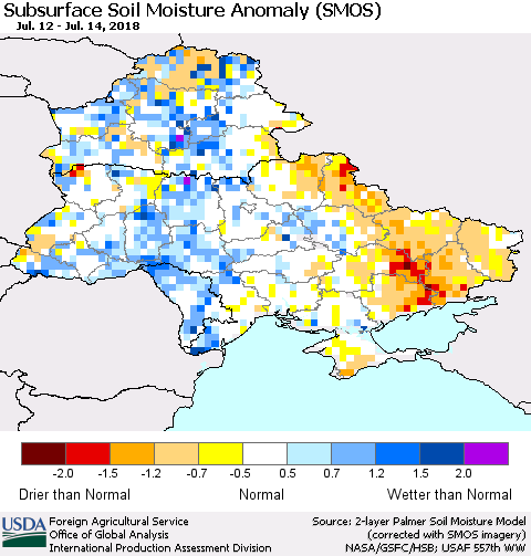 Ukraine, Moldova and Belarus Subsurface Soil Moisture Anomaly (SMOS) Thematic Map For 7/9/2018 - 7/15/2018