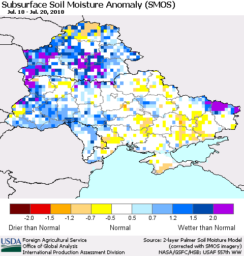 Ukraine, Moldova and Belarus Subsurface Soil Moisture Anomaly (SMOS) Thematic Map For 7/16/2018 - 7/22/2018
