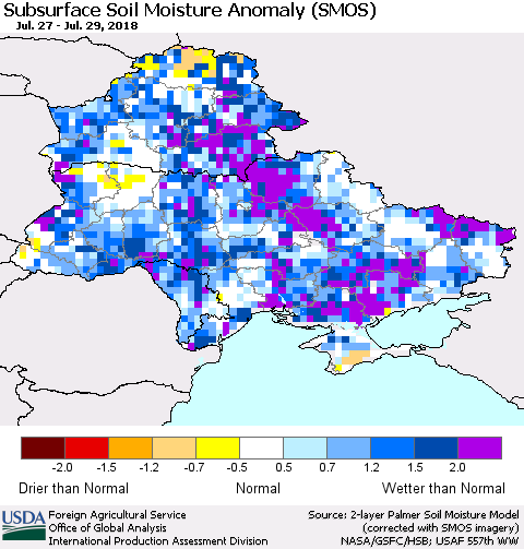 Ukraine, Moldova and Belarus Subsurface Soil Moisture Anomaly (SMOS) Thematic Map For 7/23/2018 - 7/29/2018