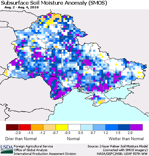 Ukraine, Moldova and Belarus Subsurface Soil Moisture Anomaly (SMOS) Thematic Map For 7/30/2018 - 8/5/2018