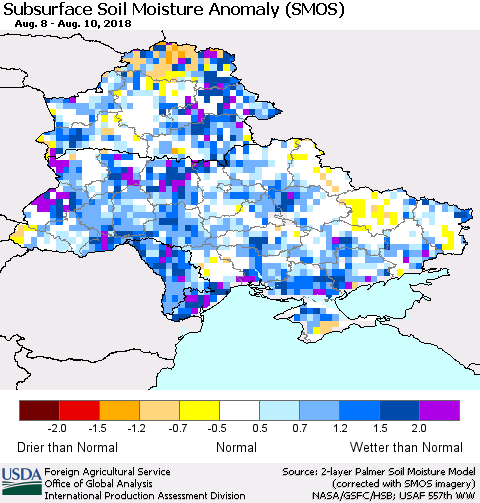 Ukraine, Moldova and Belarus Subsurface Soil Moisture Anomaly (SMOS) Thematic Map For 8/6/2018 - 8/12/2018